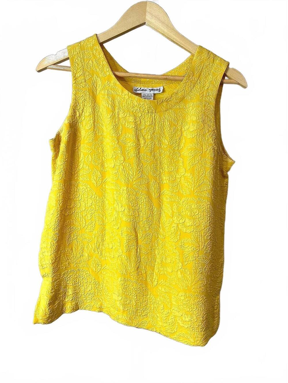 Chelsea Young Silk Yellow Sleeveless Floral Textured Top Tank Small